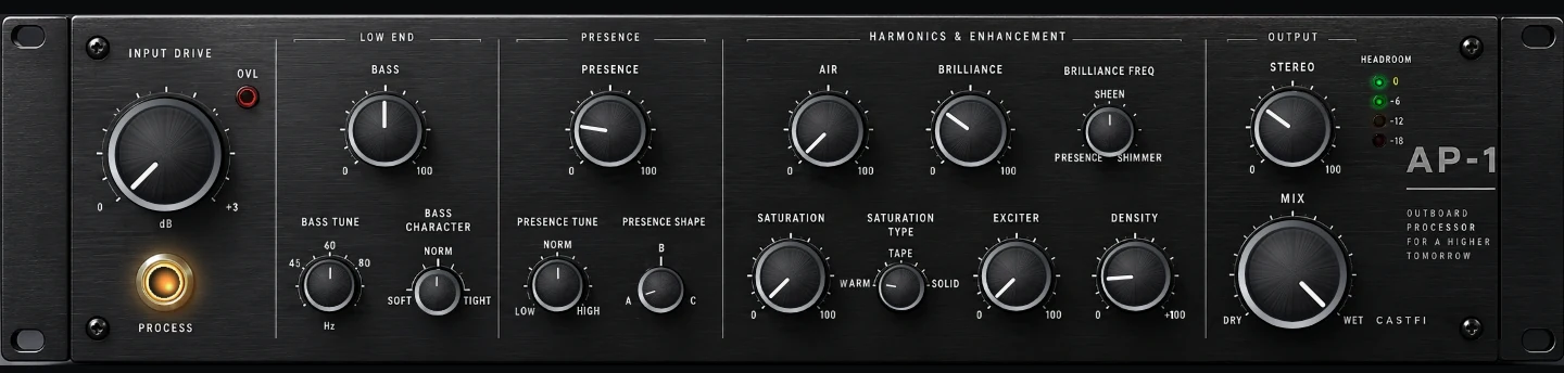 CastFi AP-1 아웃보드 프로세서 패널 — INPUT DRIVE, BASS, PRESENCE, AIR, BRILLIANCE, SATURATION, EXCITER, DENSITY, STEREO, MIX 노브와 HEADROOM 램프
